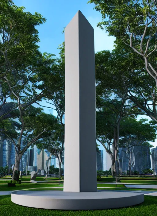 Prompt: highly detailed realistic architecture 3 d render of a futuristic stele monument in ieoh meng pei style standing in city park, archdaily, made in unreal engine 4 octane render