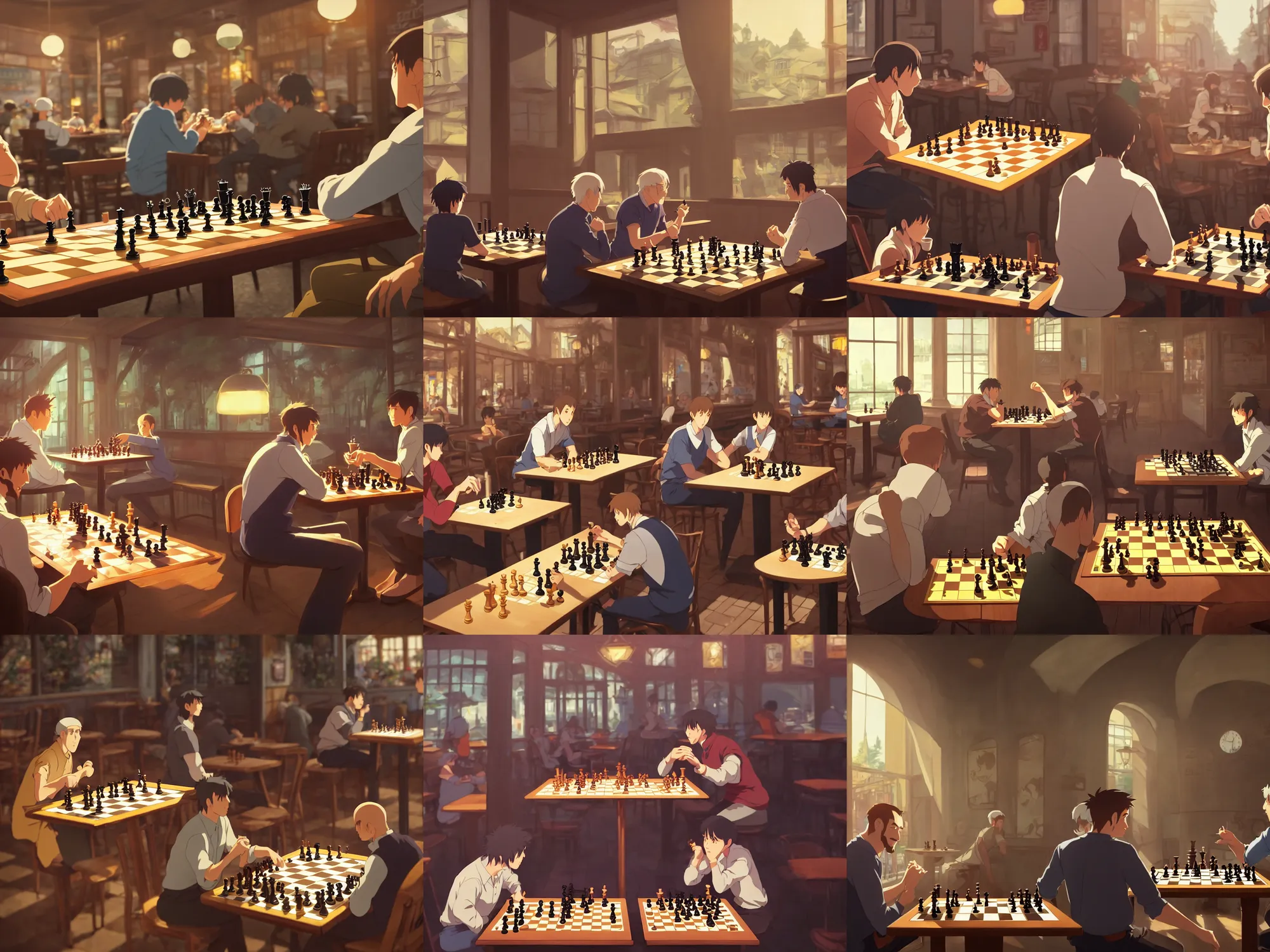 Prompt: a wholesome animation key shot of two men playing chess at a cafe, medium shot, waist up, studio Ghibli and Disney animation, sharp, Rendered in Unreal Engine 5, anime key art by Greg Rutkowski, dramatic lighting