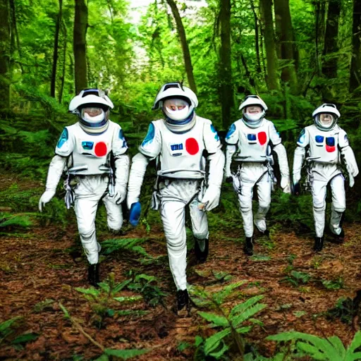 Image similar to a squad of space scouts wearing camo uniforms with white armor and helmets exploring a forest planet