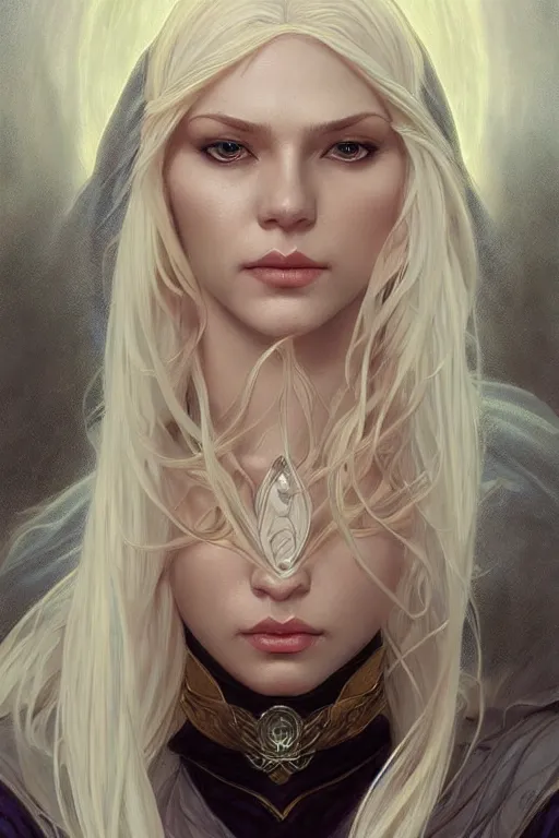 Image similar to portrait of an old blonde elven mage, dark, piercing eyes, gentle expression, elegant clothing, photorealistic, highly detailed, artstation, smooth, sharp focus, art by michael whelan, artgerm, greg rutkowski and alphonse mucha