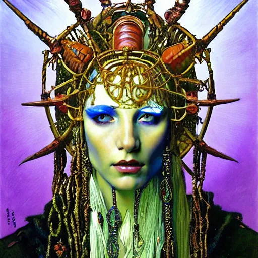 Image similar to baroque portrait of an art deco shaman, reflective detailed textures, highly detailed fantasy science fiction painting by annie swynnerton and jean delville and moebius, norman rockwell and syd mead. rich colors, high contrast. artstation