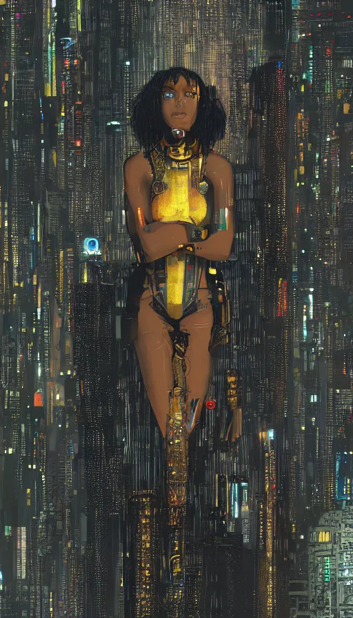 Image similar to a beautiful young Black woman, cyberpunk, Blade Runner city background, highly detailed, artstation, illustration, art by Gustav Klimt