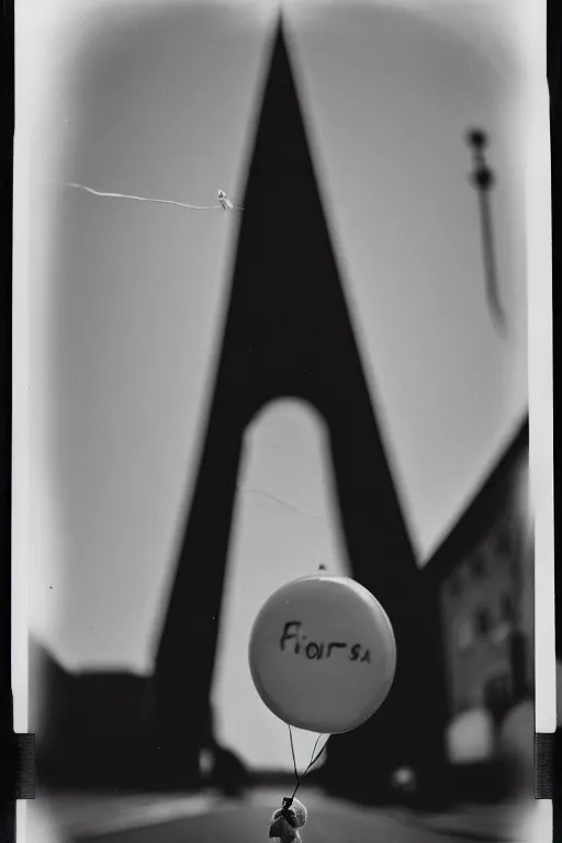 Image similar to photo polaroid of a sad and lonely child in the middle of a street holds the string of a balloon in front of him a Ferris wheel of a funfair, loneliness, black and white ,photorealistic, 35mm film,