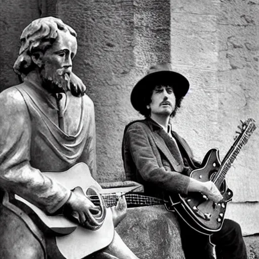 Image similar to bob dylan playing his guitar whilst sitting next to a statue of king alfred the great in wantage united kingdom, photograph