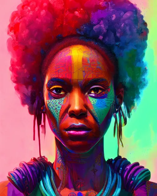 Image similar to colorful character portrait of a black female hippie, set in the future 2 1 5 0 | highly detailed face | very intricate | symmetrical | cinematic lighting | award - winning | painted by mandy jurgens | pan futurism, dystopian, bold colors, cyberpunk, groovy vibe, anime aesthestic | featured on artstation