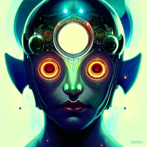 Image similar to Chakra Diagram Face, glowing eyes, cyborg, universe, mushrooms, detailed, intricate, elegant, highly detailed, digital painting, artstation, concept art, smooth, sharp focus, illustration, art by Krenz Cushart and Artem Demura and alphonse mucha