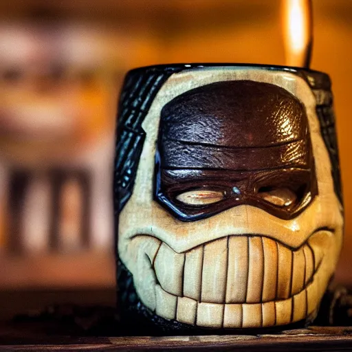 Image similar to a closeup photorealistic photograph of ben grimm's face on a tiki mug at trader vic's beach bar. fantastic four. tiki culture. bright scene. fine detail. this 4 k hd image is trending on artstation, featured on behance, well - rendered, extra crisp, features intricate detail, epic composition and the style of unreal engine.