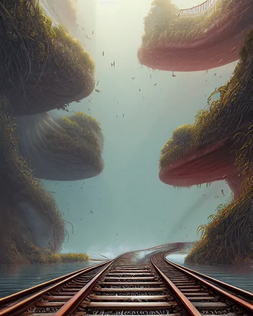 Image similar to train tracks stretching out toward the horzon that are slightly submerged under a wide pool of water, intricate, elegant, highly detailed, digital painting, artstation, concept art, smooth, sharp focus, illustration, art by artgerm and greg rutkowski and fra angelico