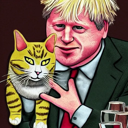 Prompt: boris johnson cartoonized. hyperrealistic. cartoonized cat. they have a romantic dinner. folk horror