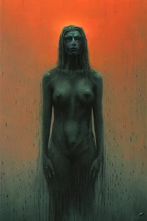 Image similar to queen of darkness painting in the style of beksinski, violent, high delicate defined details, beautiful, atmospheric, rain, matte, 3 d 8 k octane rendered, sharp focus, illustration, holographic undertones, high detail, ultra realistic, highly saturated colors