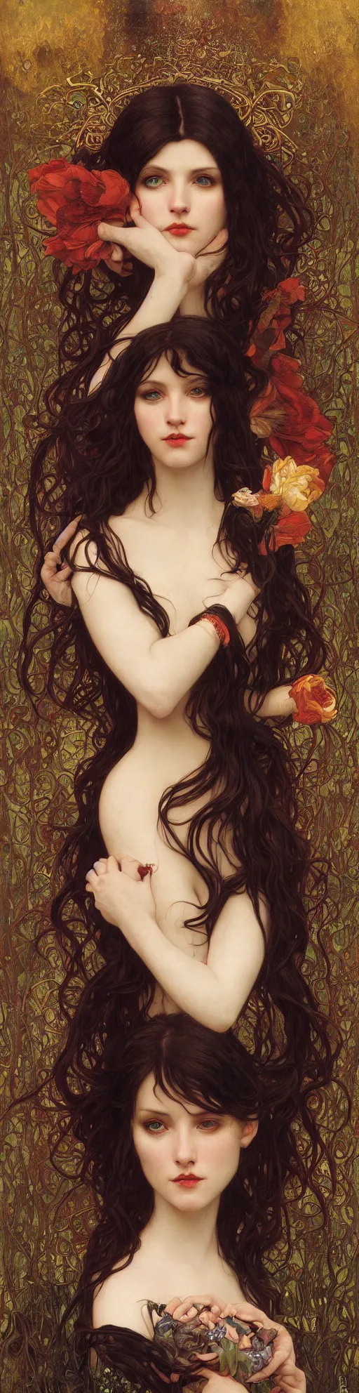 Image similar to masterpiece painting of ephemeral vampire raven haired girl by donato giancola, darius zawadzki and tom bagshaw, face by artgerm and edmund leighton, alphonse mucha, background by james jean and gustav klimt, 8 k, horror, dark color palette, volumetric lighting, porcelain skin, french nouveau, trending on pixiv