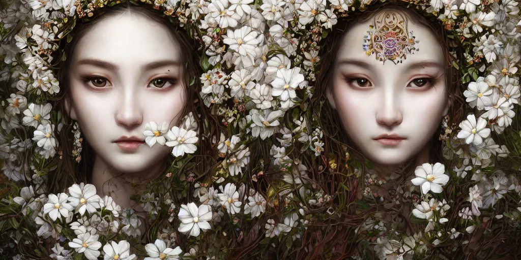 Prompt: breathtaking detailed concept art portrait painting of the goddess of white flowers, orthodox saint, with anxious, piercing eyes, ornate background, amalgamation of leaves and flowers, by Hsiao-Ron Cheng, James jean, Miho Hirano, Hayao Miyazaki, extremely moody lighting, 8K