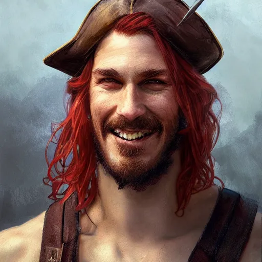 Prompt: portrait of a young rugged pirate, smiling, male, masculine, handsome, upper body, red hair, long hair, D&D, fantasy, intricate, elegant, highly detailed, digital painting, artstation, concept art, matte, sharp focus, illustration, art by Artgerm and Greg Rutkowski and Alphonse Mucha