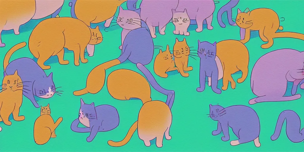 Image similar to a cat speaking to a crowd of cats, by studio ghibli, by lisa frank 8 k pastel colours, isometric, six point perspective, drone shot, smeared watercolours, golden light, film grain