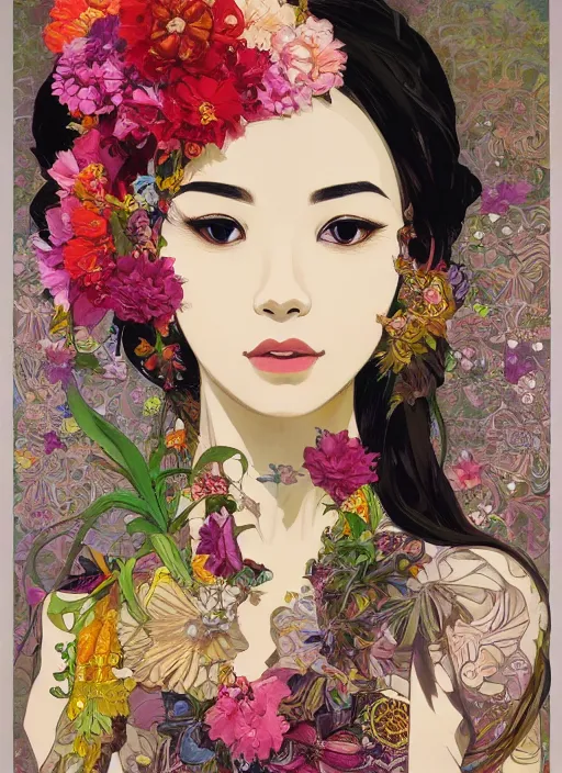 Image similar to !!! very coherent!!! oil painting, beautiful floralpunk balinese cyborg portrait girl female illustration detailed patterns art of bali traditional dress, flower pop art, floral splash painting, art by ashley wood, alphonse mucha, makoto shinkai, geof darrow, dark shadow