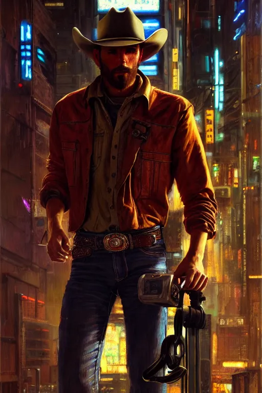 Image similar to a cowboy in a cyberpunk setting, western, cyberpunk, 8 k, by john william waterhouse and nasreddine dinet, oil on canvas, cinematic, hyper realism, high detail, dramatic lighting