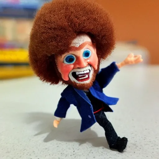 Prompt: a tiny screaming angry bob ross doll running your in rear view mirror