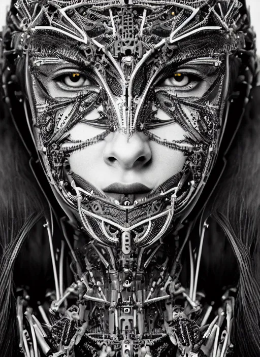 Image similar to a stunning young female crow - cyborg - human profile face, face is made intricate tribal bio - mechanical, editorial photography, bw, shot on 7 0 mm, depth of field, f / 2. 8, high contrast, 1 6 k, volumetric lighting, shiny, insanely detailed and intricate, hypermaximalist, elegant, ornate, hyper realistic, super detailed