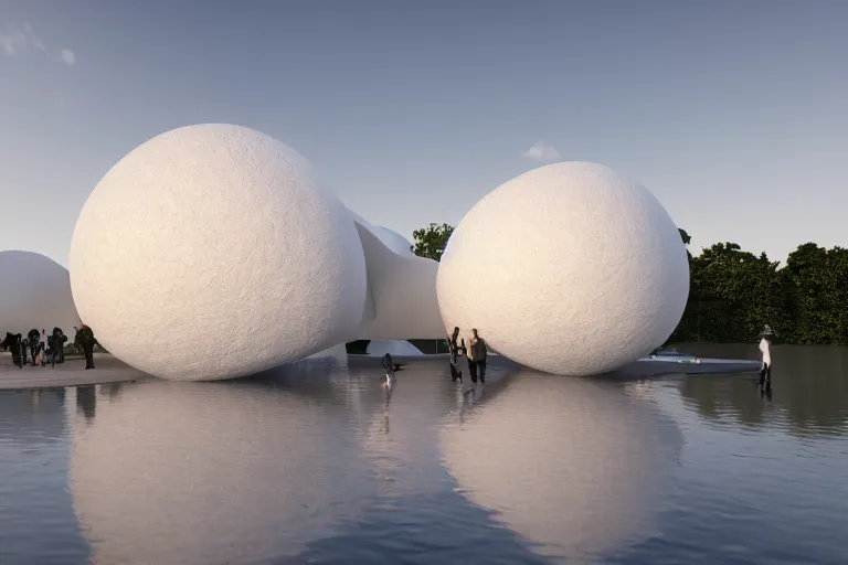 Image similar to the big skum white building formed by the intersection of many white egg shaped spherical spaces, on the calm lake, people's perspective, future, interior wood, marble, award winning, highly detailed 4 - k art, dusk, unreal engine highly rendered, global illumination, radial light, internal environment