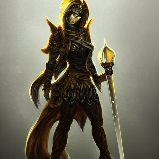 Image similar to Concept art of swordsman with yellow eyes carrying a torch inside a decaying ancient fantasy temple. She wears a rusty silver armor, trending on artstation, dark fantasy, concept art