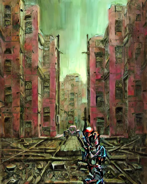 Image similar to hyperrealistic highly detailed exoskeleton baroque mecha iridescent pink brutalist city ruins background concept art santiago caruso de chirico sharp very dramatic green light 8k low angle shallow depth of field