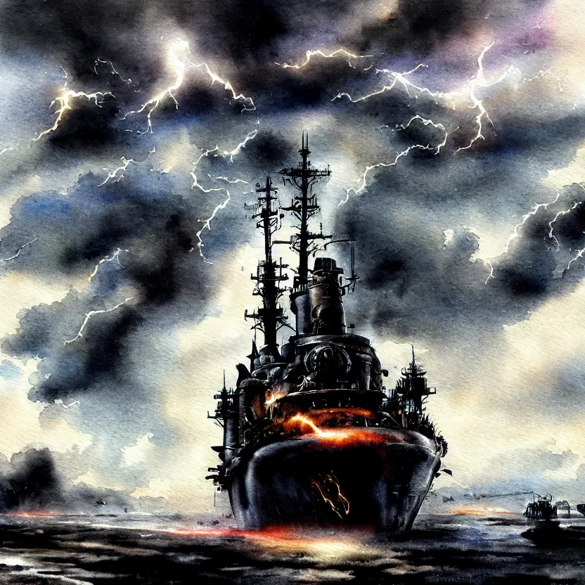 Prompt: a turbulent scene of a steampunk battleship wailing through a torrid volume of gaseous black smoke with lightning striking at will. cinematic effect, watercolor painting, overcast effect, chaos.