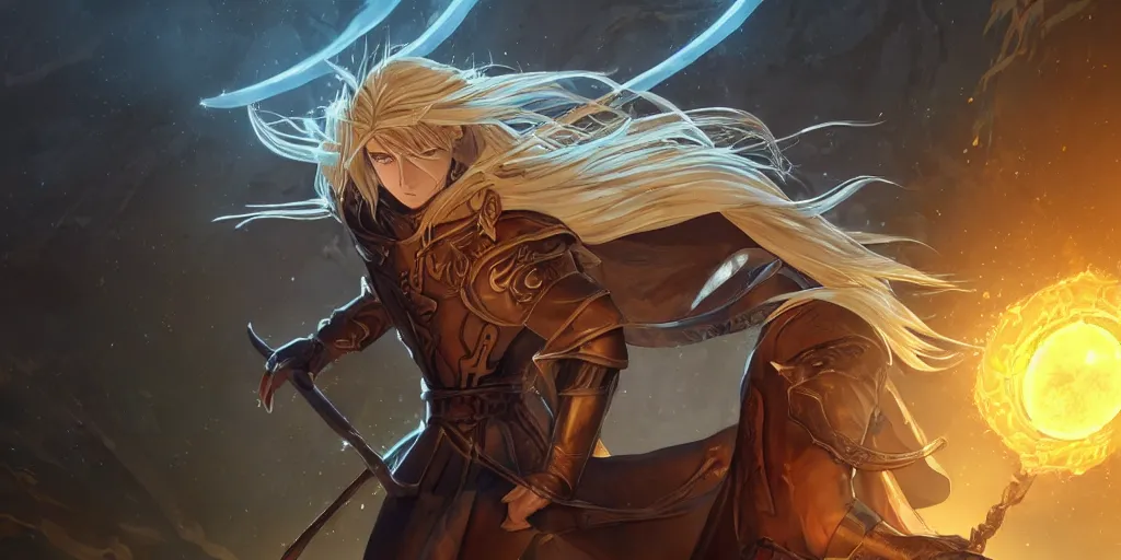 Image similar to a male elven sorcerer with honey blond medium long hair in a leather armor, wearing a cape, holding a glowing orb, dungeon background, magical, bright, colorful, fantastic lighting, amazing details, 4 k uhd, illustration by hayao miyazaki and makoto shinkai and ilya kuvshinov, artstation, pixiv,