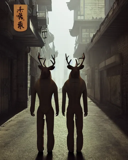 Image similar to artstation scifi scene of two deer - headed suit people, in a chinese town narrow alley, dim lights, long shadows, summer unreal engine 5, hyper realism, realistic shading, cinematic composition, blender render, octane render, hdr, detailed textures, photorealistic, wide shot