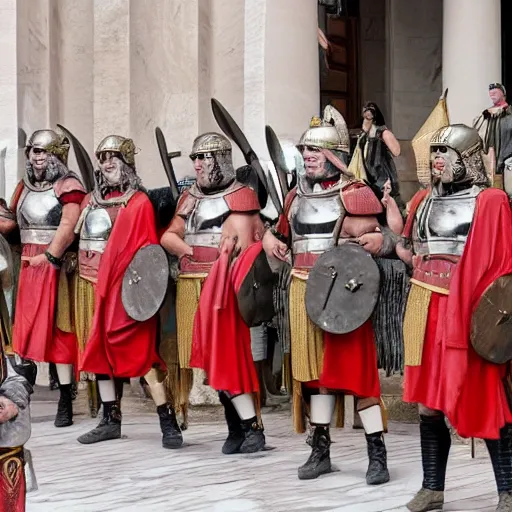 Prompt: roman legions invading the capitole, wearing maga hats ( 2 0 2 1 )