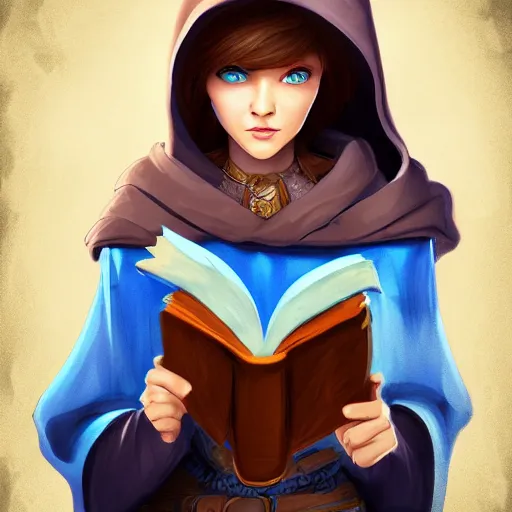 Prompt: A female wizard with brown hair wearing a blue hood and blue robe holding a book, fantasy setting, concept art, professional digital painting, extremely detailed, trending on artstation