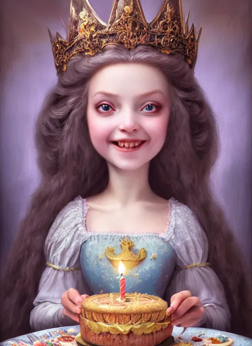 Image similar to highly detailed closeup portrait of a grinning fairytale medieval princess eating birthday cake, unreal engine, nicoletta ceccoli, mark ryden, lostfish, earl norem, global illumination, god rays, detailed and intricate environment