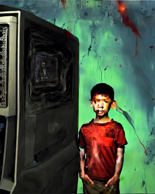 Prompt: an 8 years old enlightened and scared boy standing in front of an old computer with a game doom2 at the monitor screen painted by Adrian Ghenie, by Gerhard Richter. still from a 2021 movie by James Cameron. expressive acrylic oil flowing smudged painting