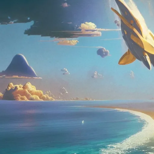 Image similar to beautiful matte painting of golden shores of a blue dreamy ocean, heavenly island in the clouds floating above the ocean, spaceship flying by, towering mountains emerging from the ocean, entrance to a city, sci - fi, daylight, blue sky, cinematic lighting, cinematic perspective, syd mead, john harris, federico pelat