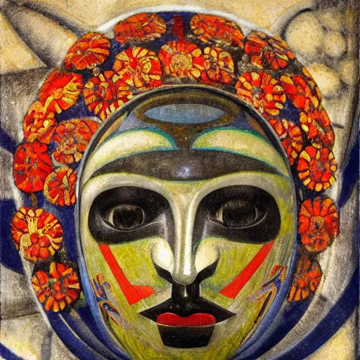 Prompt: head of a shaman wearing a mask made of enamelled flowers, by annie swynnerton and jean delville and john watkiss and rufino tamayo and diego rivera, art deco shaman, stylized geometric flowers, art brut, symbolist, dramatic lighting, god rays, clean crisp graphics, smooth sharp focus, extremely detailed, adolf wolfli