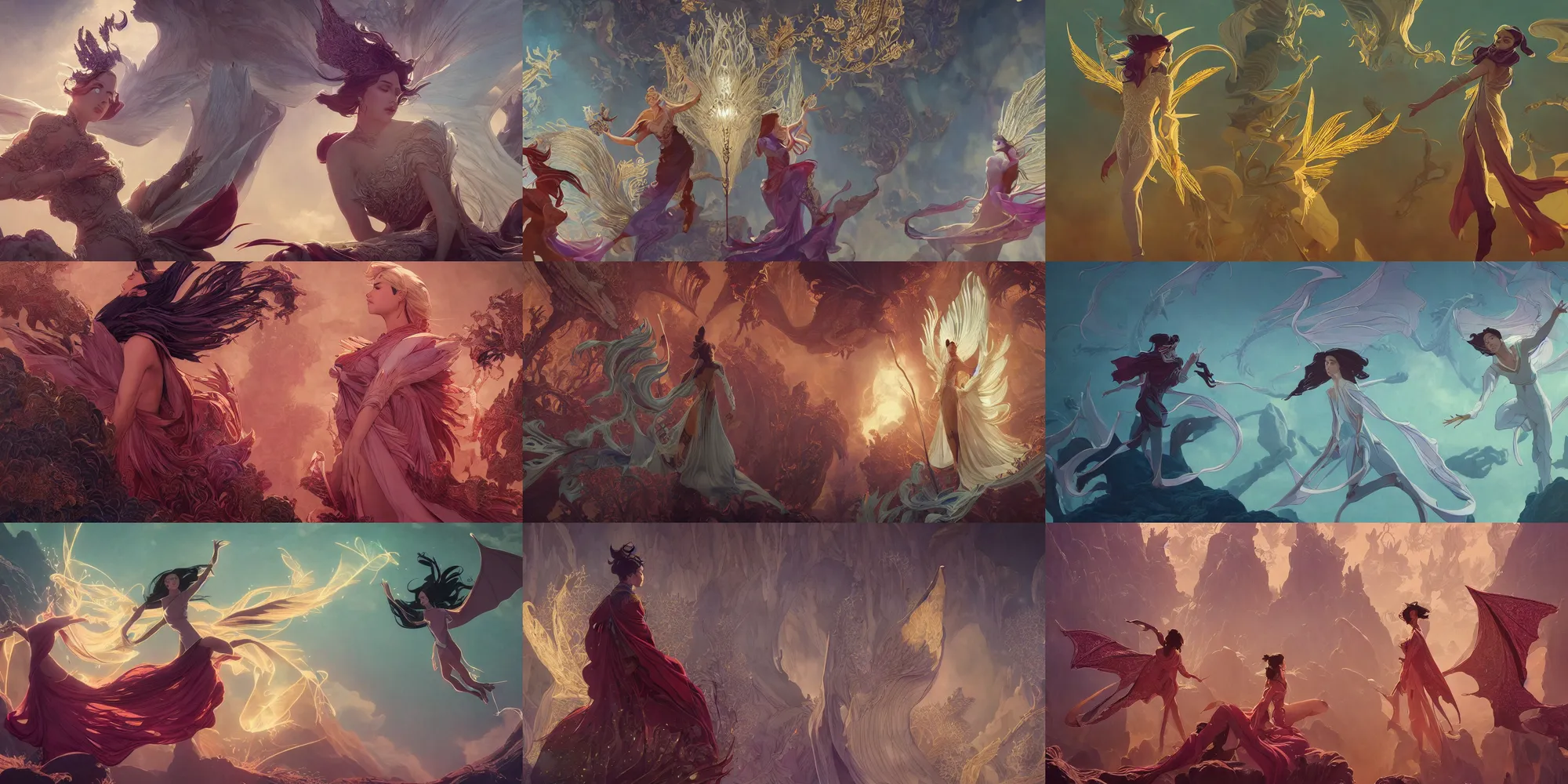 Prompt: Cinematic stills from the Netflix original series Arcane and Dragon Prince crossover, full-body, bloom, dynamic poses, diaphanous cloth, intricate crystalline and feather jewelry, ornate, filigree, arcane, cinematic lighting, by WLOP!!!!!!!, by Fenghua Zhong, Maxfield Parrish!!!!, portfolio illustration, highly detailed, trending on Artstation, CGsociety, HQ, 8k, 35mm lens, f2.8, Bokeh,