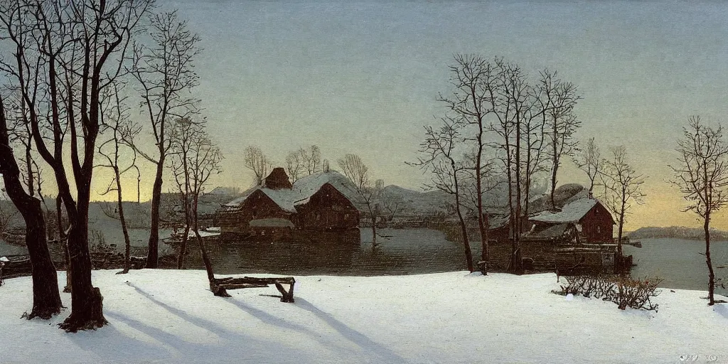 Image similar to an impasto oil painting of a lakehouse in the winter painted by caspar david friedrich, high detail,