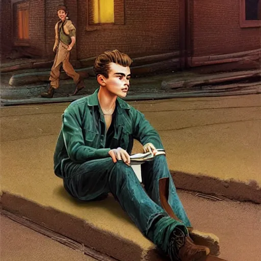 Prompt: a highly detailed epic cinematic concept art CG render digital painting artwork costume design: young James Dean as a well-kept neat anarchist rebel in 1950s USSR green dungarees and big boots, reading a book. By Greg Rutkowski, Ilya Kuvshinov, WLOP, Stanley Artgerm Lau, Ruan Jia and Fenghua Zhong, trending on ArtStation, subtle muted cinematic colors, made in Maya, Blender and Photoshop, octane render, excellent composition, cinematic atmosphere, dynamic dramatic cinematic lighting, aesthetic, very inspirational, arthouse