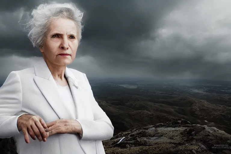 Prompt: a realistic cinematic headshot portrait of an old woman on top of skyscaper, wearing futuristic white suit, ceo, 4 k, ultra realistic, dramatic lighting, rain, clouds, fog, vogue, fashion, magazine spread, by annie leibovitz