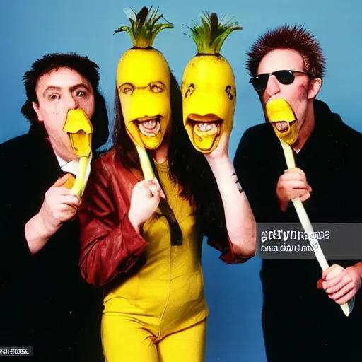 Image similar to 8 0 s punk rock band holding banana microphone, with banana costumed background singers, concert photo, getty images