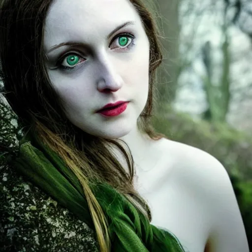 Prompt: beautiful woman, very pale skin, dark hair, green eyes, folk horror, in ireland, realistic