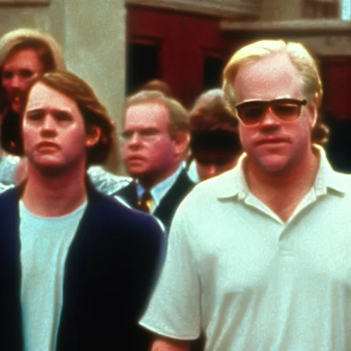 Prompt: philip seymour hoffman is joe biden, forest gump ( 1 9 9 2 ), cinematic shot