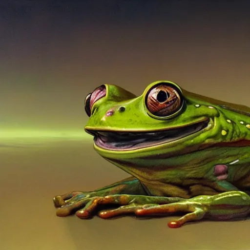 Prompt: long shot of a froggy alien, by esao andrews, by m. w. kaluta, by james web telescope, by ridley scott, ultra humorous beautiful oil painting, cinematic space scenery, small depth of field, depth perception, volumetric light, rich colors, 3 d octane render, 8 k, conceptart, hyperdetailed, hyperrealistic, trending on artstation