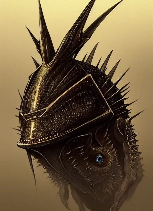 Prompt: anthropomorphic obtuse triangle head in edgy darkiron horseshoe crab, intricate, elegant, highly detailed animal monster, digital painting, artstation, concept art, smooth, sharp focus, illustration, art by artgerm, wayne barlowe, trending on artstation and greg rutkowski and alphonse mucha, 8 k