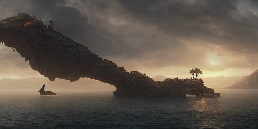 Image similar to screenshot from a movie, epic matte painting of an island, cinematic cinematography masterpiece, skull, greg rutkowski, and ivan aivazovski, roger deakins