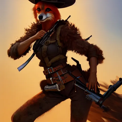 Image similar to splash art of cute anthropomorphic vulpes vulpes fulva as a bounty huntress in wild west in a gunfight, rugged clothes, motion blur, bullets whizzing, high energy : by weta, greg rutkowski, wlop, ilya kuvshinov, rossdraws, artgerm, octane render, iridescent