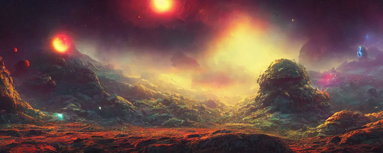 Image similar to ” outer planet landscape, [ cinematic, detailed, epic, widescreen, opening, establishing, mattepainting, photorealistic, realistic textures, octane render, art by paul lehr ] ”