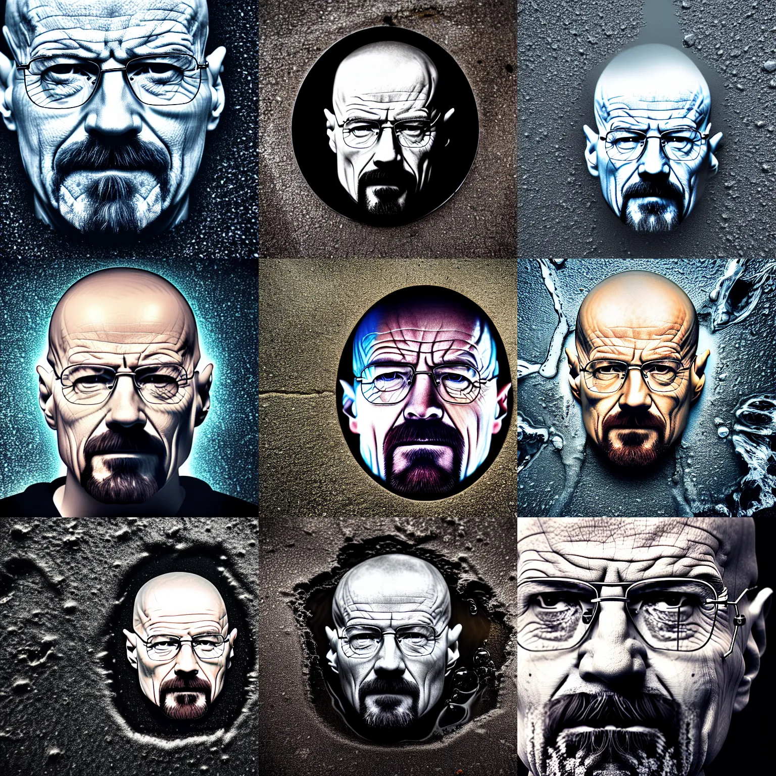 Prompt: walter white's face on a as a puddle of water on a street, close up 8 k photograph