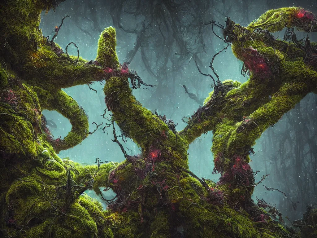 Prompt: a beautiful macro photography of moss with alien fungus, hyperdetailed, warm volumetric lights , made by Gerald Brom and Mike Winkelmann