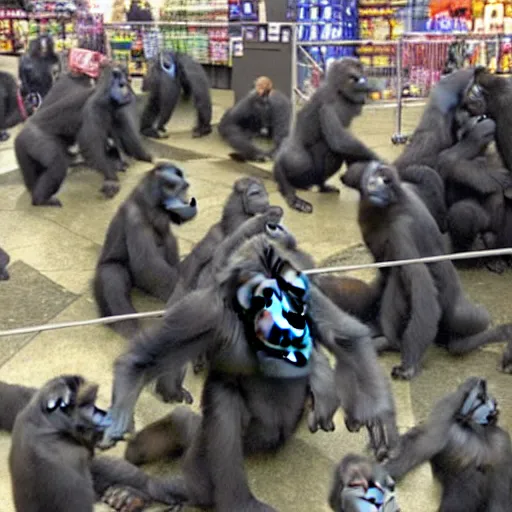 Prompt: gorillas rioting at walmart