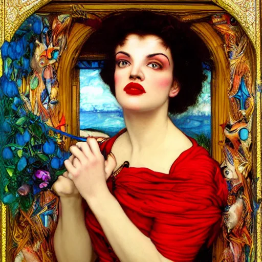 Image similar to portrait of a hybrid of judy garland and lady gaga, holman hunt, john william waterhouse, kilian eng, rosetti, john everett millais, william holman hunt, 4 k